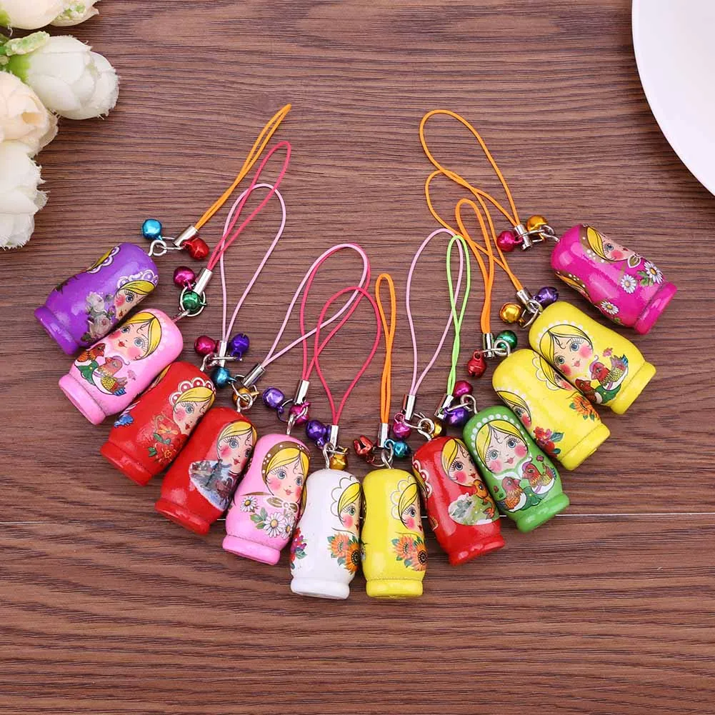 12pcs Creative Wooden Russian Matryoshka Keychain Car Handbag Ornaments