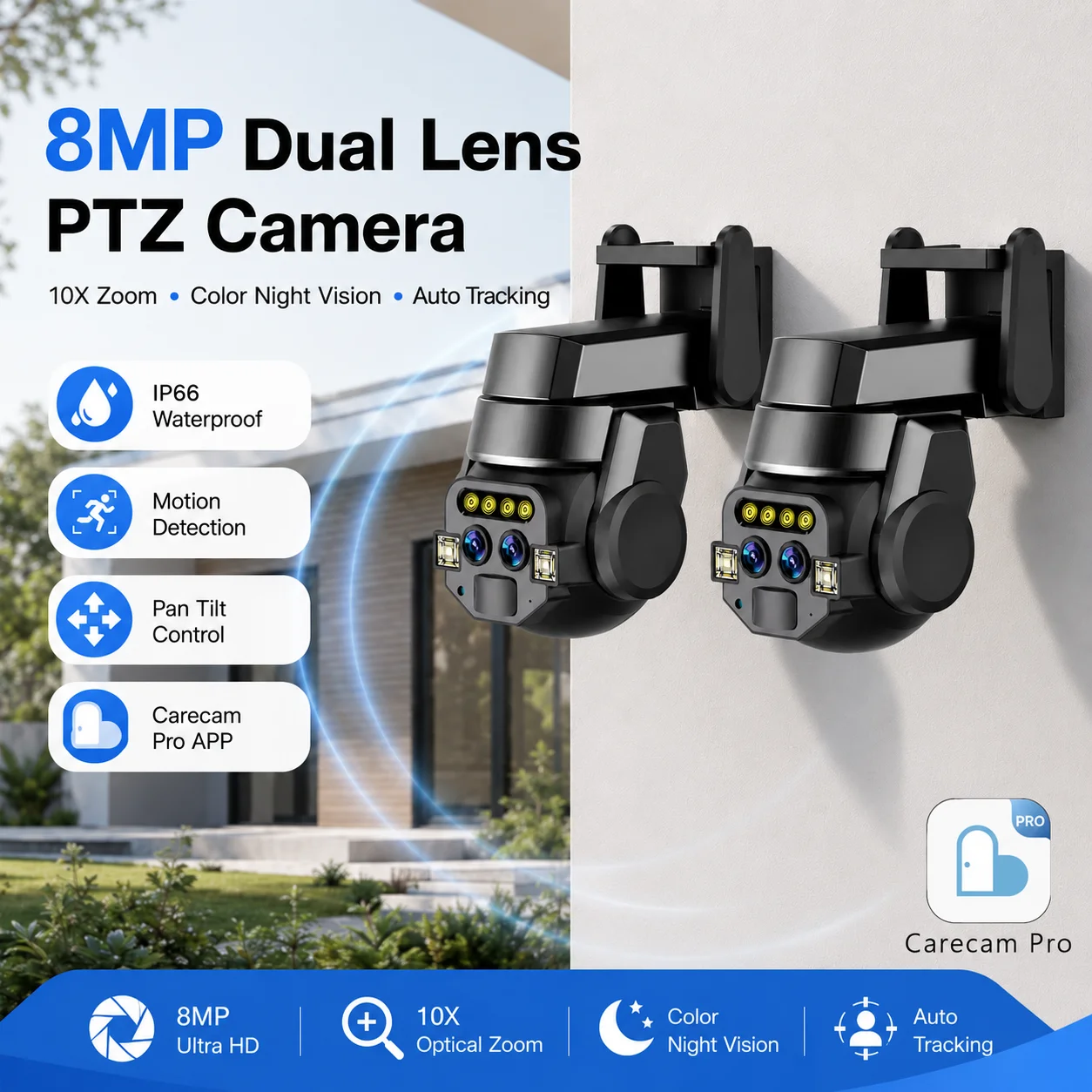8MP Dual Lens PTZ Security Camera Outdoor WiFi CCTV Camera 10X Optical Zoom Color Night Vision Auto Tracking Motion Detection IP66 Waterproof Pan Tilt Control Two Way Audio Carecam Pro APP Wireless Smart IP Camera for Home Yard Surveillance