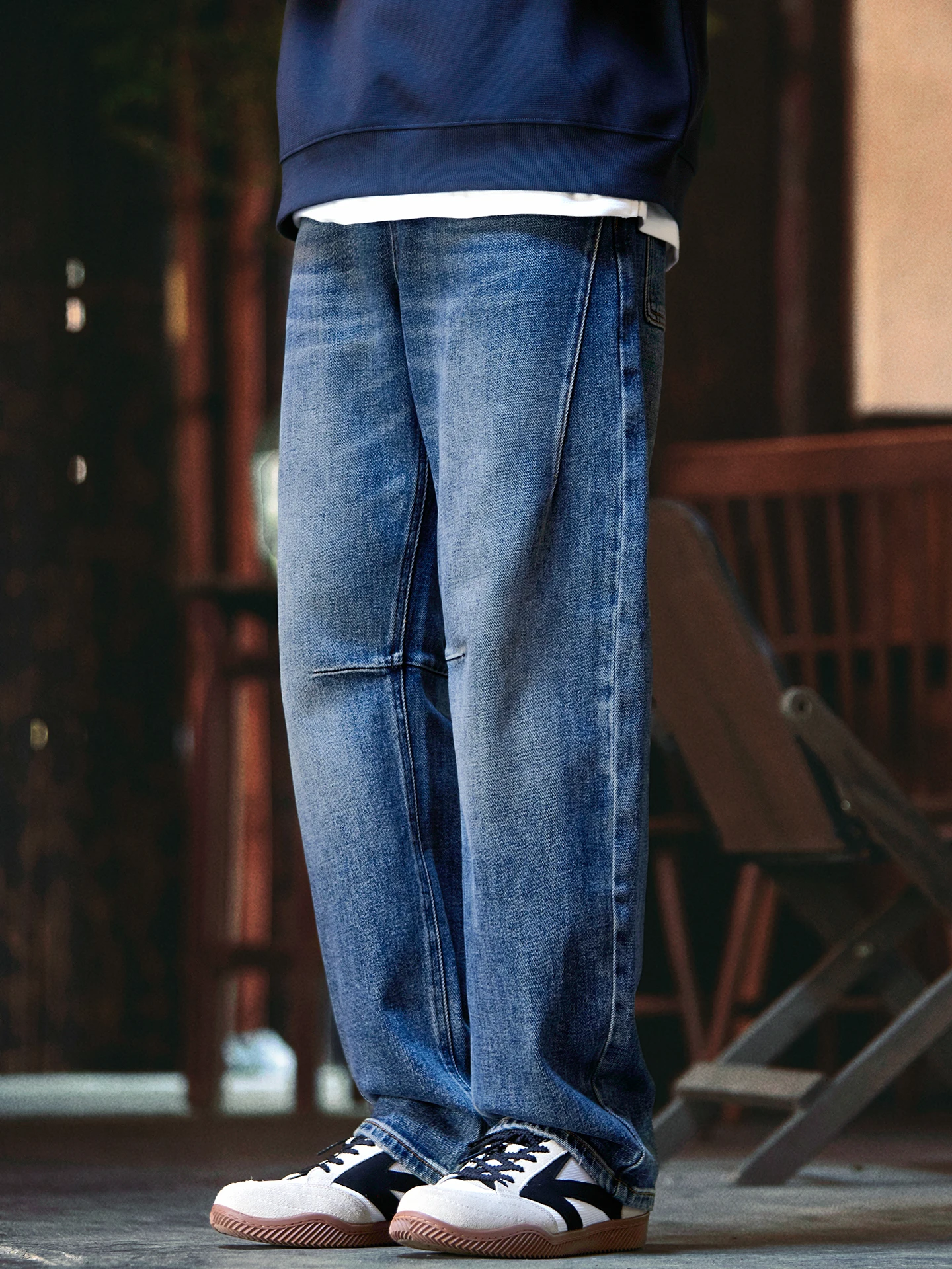Retro American Washed Patchwork Jeans Men's Spring Autumn Loose Large Size Casual Banana Straight Leg Long Pants