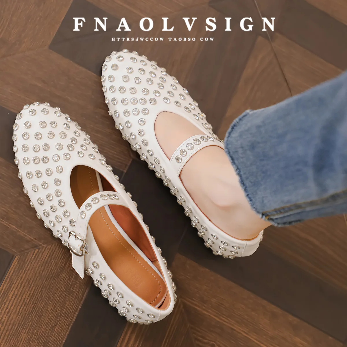 

Women Leather Mary Jane Ballet Flats Women Single Shoes Rivet Crystal Low Heel Round Toe Rubber Sole Summer Flat Shoes Fashion