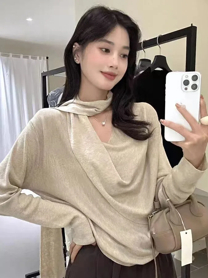 

Утягивающий трикотаж с v-образным вырезом, женский корейский свободный крой, с поясом, ажурный дизайн, осенний модный топ, повседневный удобный свитер