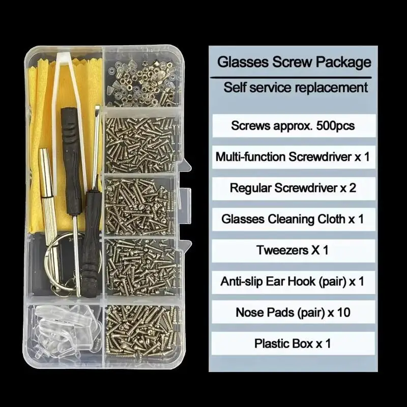 Reparatur-Werkzeugsets für Brillen und Sonnenbrillen mit Schrauben, Nasenpads, Ohrbügeln, Schraubendreher, Muttern und verschiedenen optischen Teilen – Detail 9