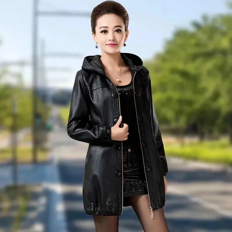 2023 Autumn/Winter Middle Aged Female Leather Jacket Faux Leather Coat New Women Medium length Loose Hooded Leather Windbreaker