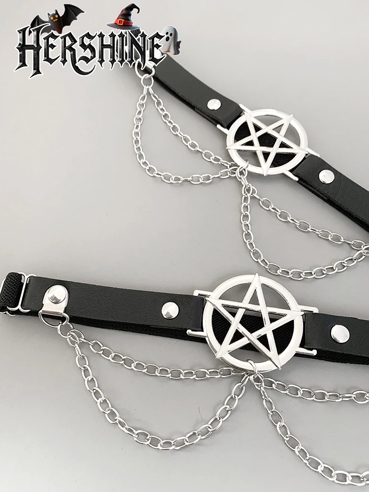 เลกกิ้งโซ่สีดำแบบปรับได้ของผู้หญิง 2 ชิ้น, การตกแต่งโซ่รูปดาวห้าแฉก, สไตล์พังก์เข้มแบบกอธิค Y2K, อุปกรณ์เสริมฮาโลวีน