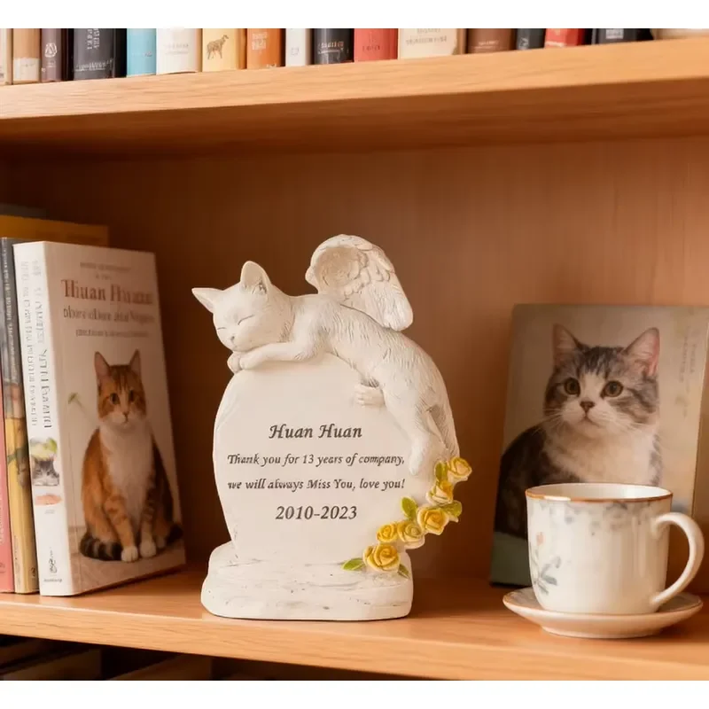 for White Angel Cat Resin Statue Handmade Engraved Words Realistic Texture Yellow Roses Anime Pet Memorial Ornaments