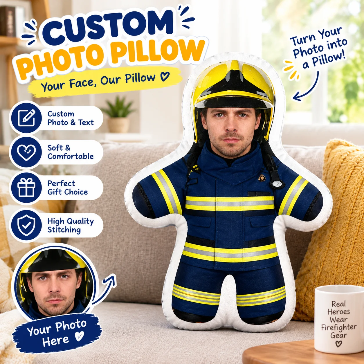 Custom Photo Superhero Firefighter Throw Pillow Personalized Funny Face Cushion Soft Sofa Decorate Gift Adult Birthday Christmas