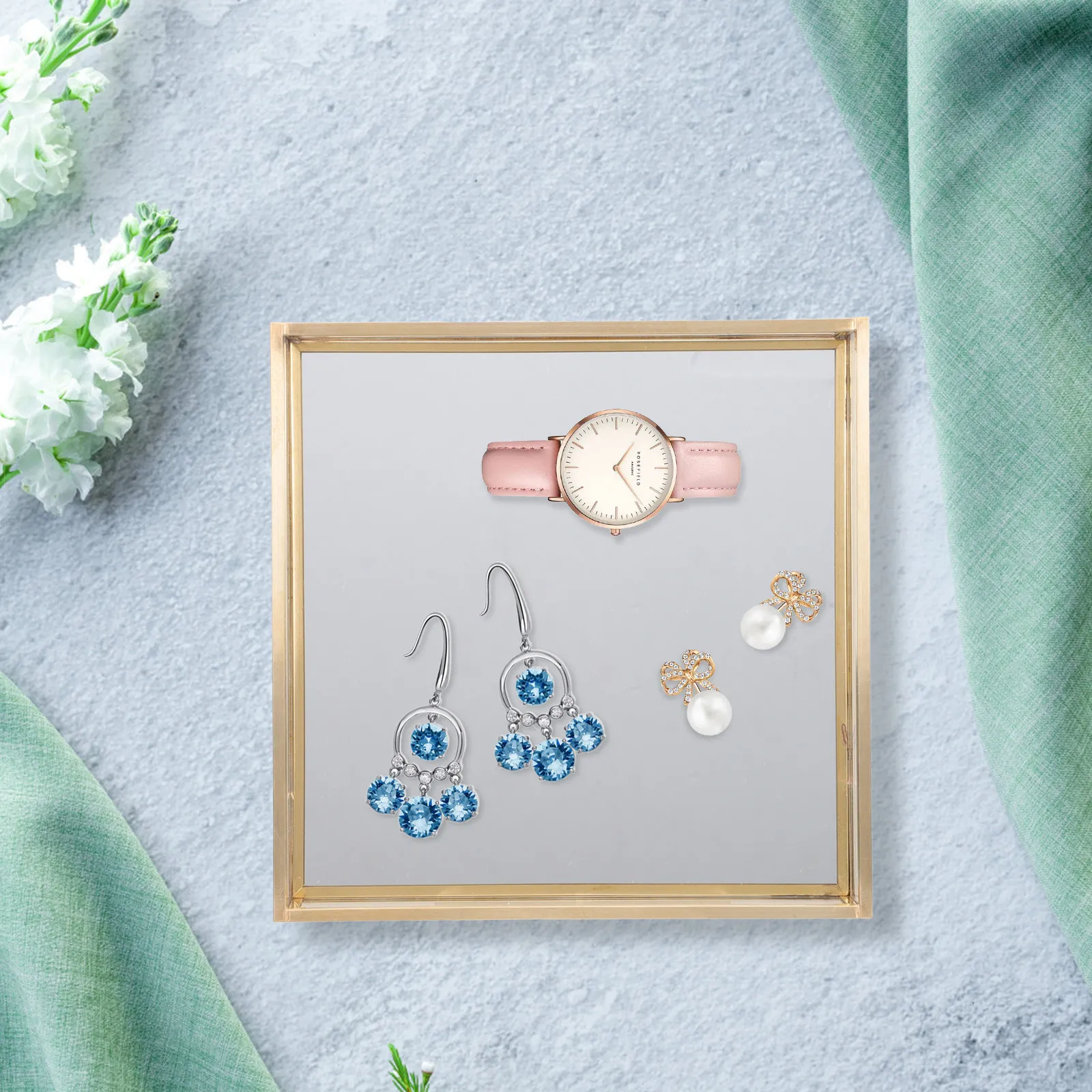 

Роскошный стеклянный поднос с золотым ободком для туалетного столика, декоративный органайзер для парфюмерии, хранения украшений, декор для ванной комнаты