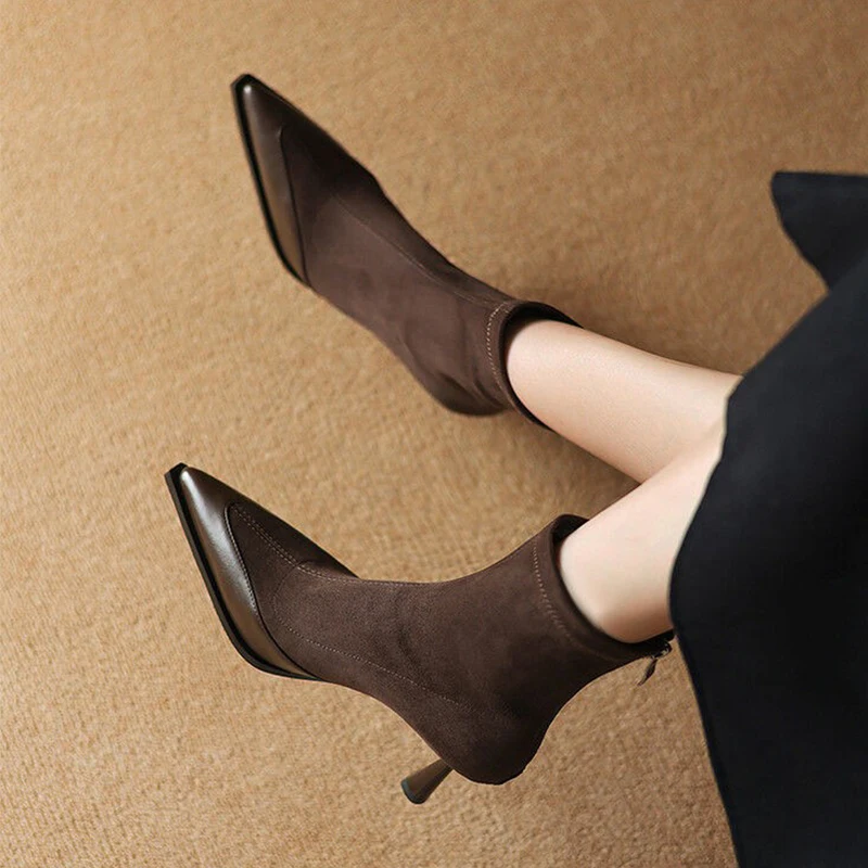 

Женские ботинки с острым носком, модельные туфли на высоком каблуке, зимние ботинки челси, элегантные замшевые туфли-лодочки 2025 года, короткие ботинки на молнии, новые Mujer Zapatos