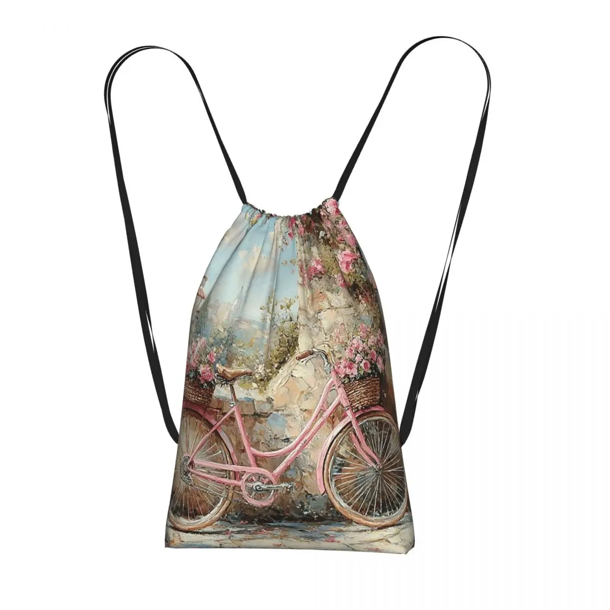 

A Vintage Bicycle And Flower Backpacks Multi-function Drawstring Bundle Pocket Sports Bag Book Bags for Man Woman School