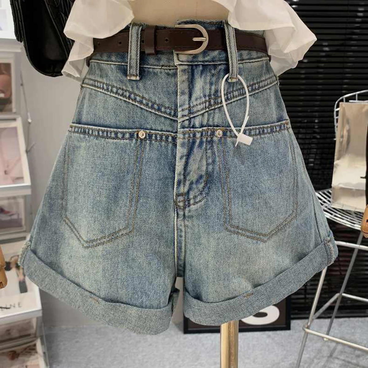 Korean Version High Waisted Denim Shorts With Rolled Edges Women's Summer New Fashion Multi Pocket A-line Wide Leg Hot Pants