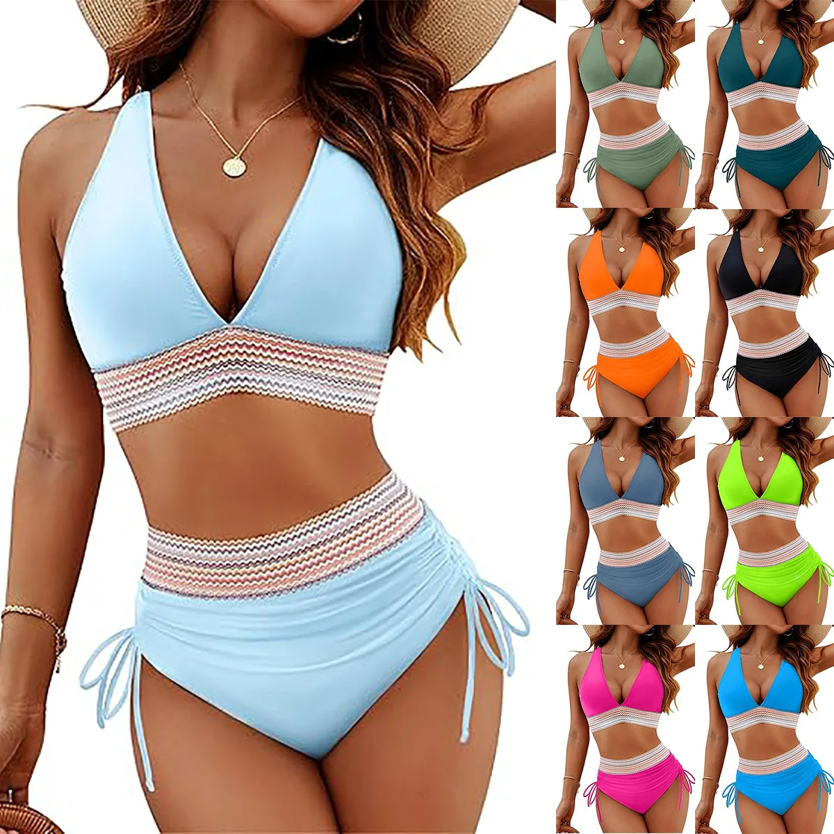 

New Women's Shoulder High Waist Split Bikini Swimsuit Set with Chest Cushion and Adjustable Shoulder Straps Beach Party Suits