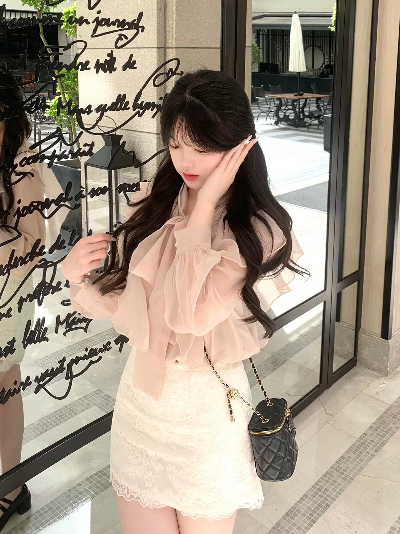 

Pink Long Sleeve Lace Half-length Skirt Two-piece Set Miu Style Elegant Fashionable Women's Clothing Summer Collection