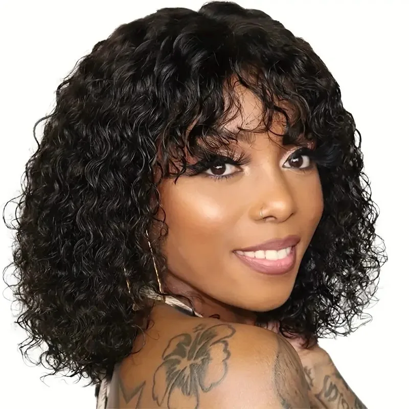 European and American middle-part bob short hair with bangs for women, small curly synthetic wig full head