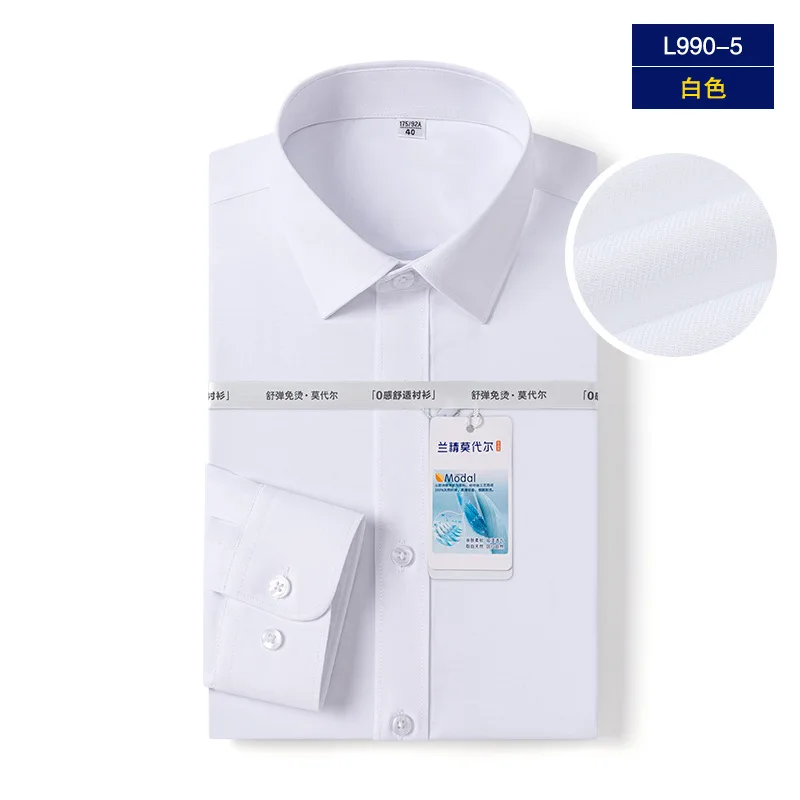 

5XL Modal Shirt Men's Long Sleeve Easy Care Office Work White Men Shirt Long Sleeve Slim Fit Casual Anti-Wrinkle Camisa Social