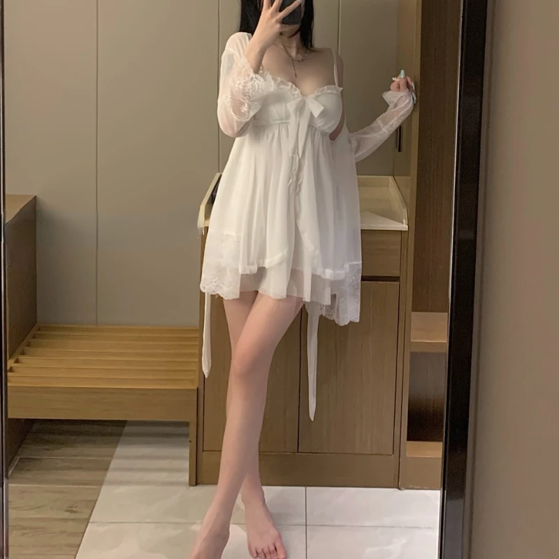 Sexy Robe Gown Sets Women Lace Design Tender Girlish Padded Sleepwear Elegant Korean Fashion Breathable Princess Summer Outfits