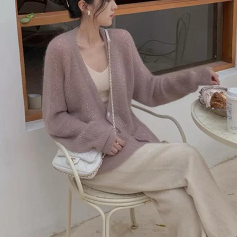 Women\'s Sweater Long Cardigan Knit Tops For Woman Purple Korean Luxury Clothes Cheap And High Quality Offers Designer Fashion