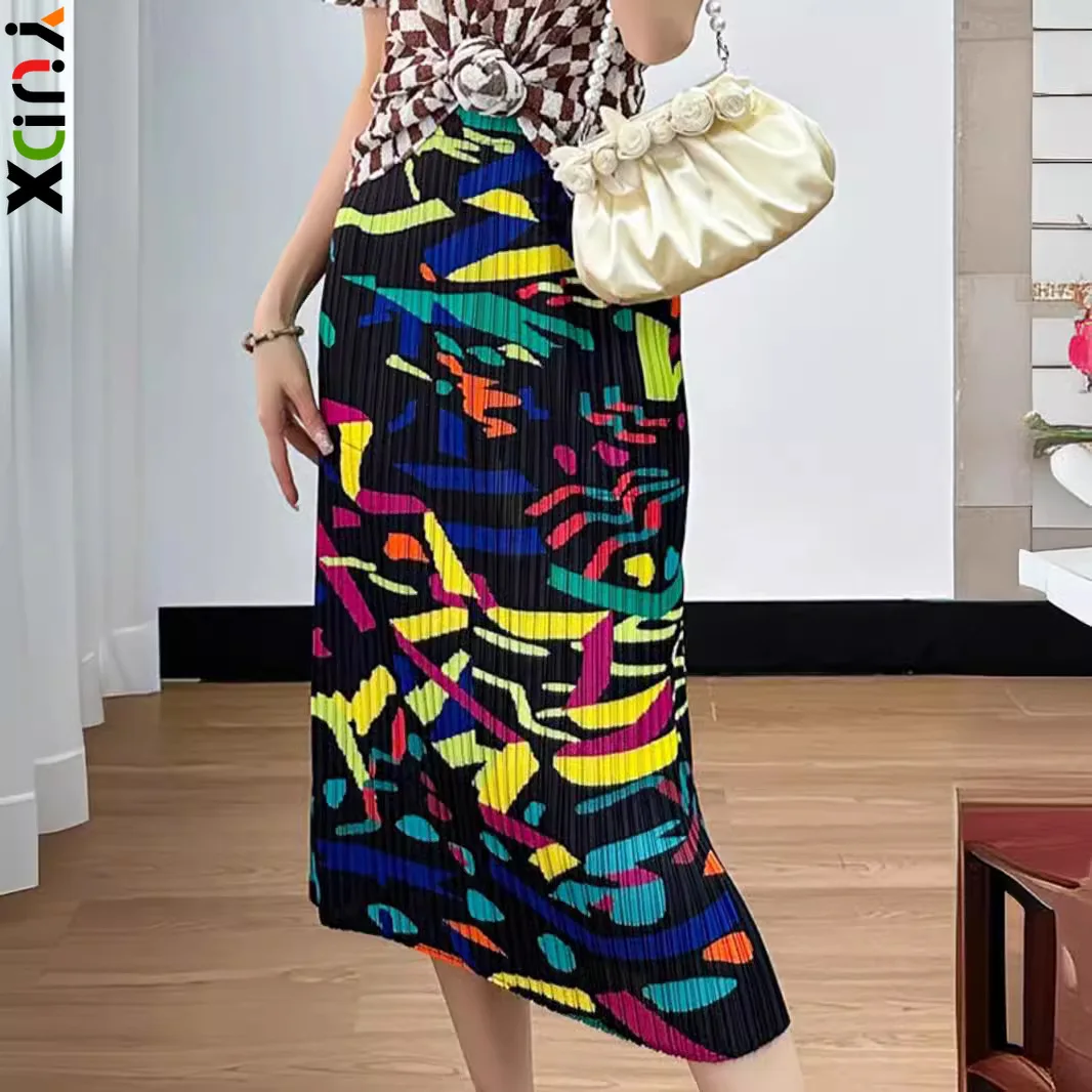 

YUDX Pleated Skirt Women's 2024 Summer New Style High-waisted Temperament Slimming Slit Fashionable Mid-length Printed Skirt