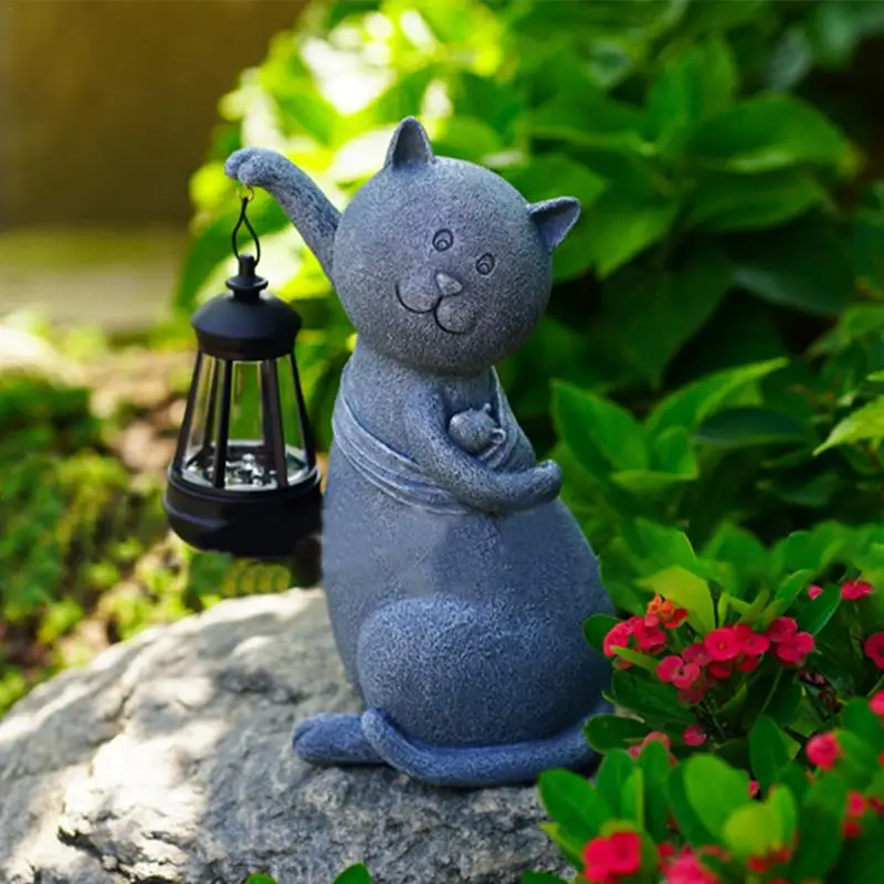 Solar Cat Garden Statue Resin Cat Statues For Garden Holding A Lantern Patio Decorations 10.24in Outdoor Solar Garden Statues