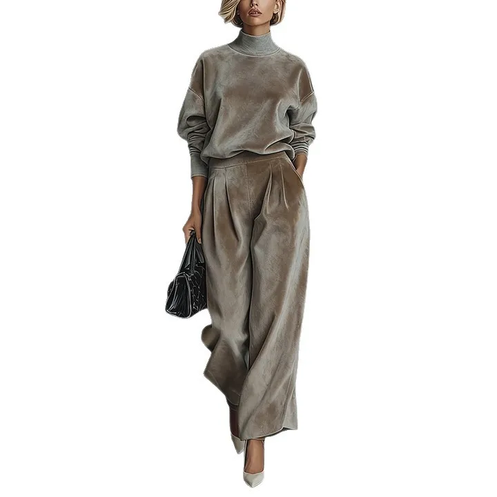 Autumn and Winter Women's Clothing Fashion Casual Warm Sports Suit Golden Velvet Long-sleeved Solid Color Zipper Wide-leg Pants