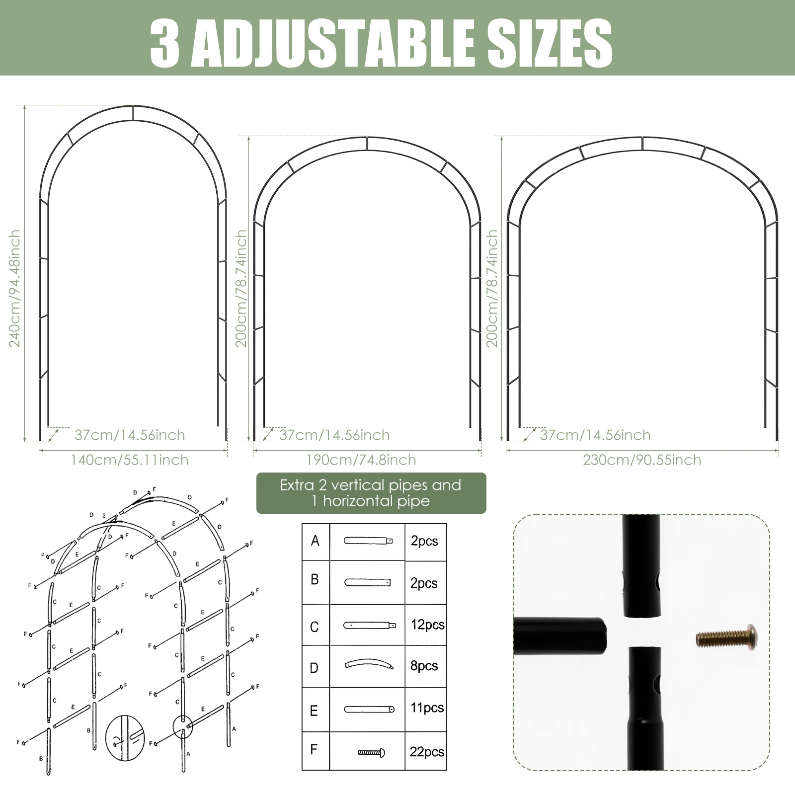 Metal Garden Arch Treliça para casamento, suporte de plantas de escalada, resistente DIY Frame, decoração de aniversário, novo, 240cm