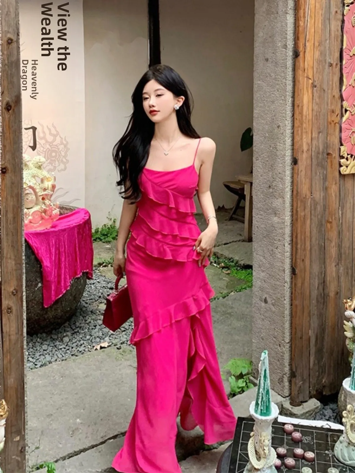 レッドマキシスカート サマービーチ バイオニックハイウエストシフォンガウン スリットとレースの裾付き スリムラウンドネラインAライン...