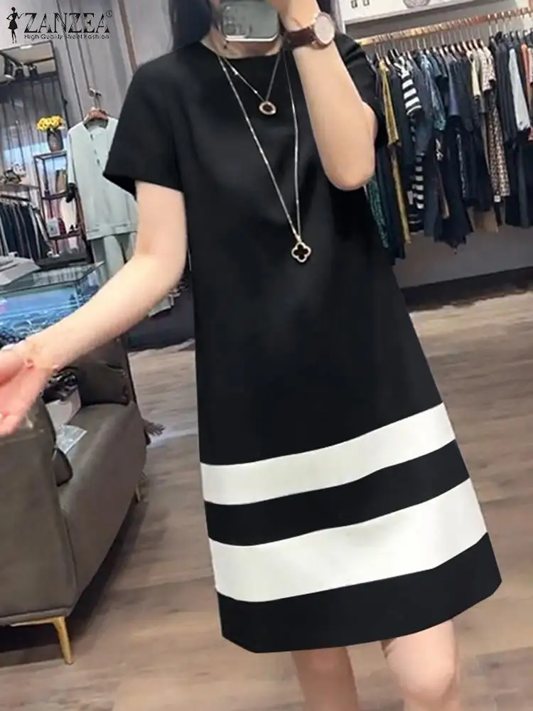 

Summer Women Short Sleeve Stripe Sundress ZANZEA Fashion Patchwork Dress Female Elegant Work Vestidos O Neck Knee Length Robe