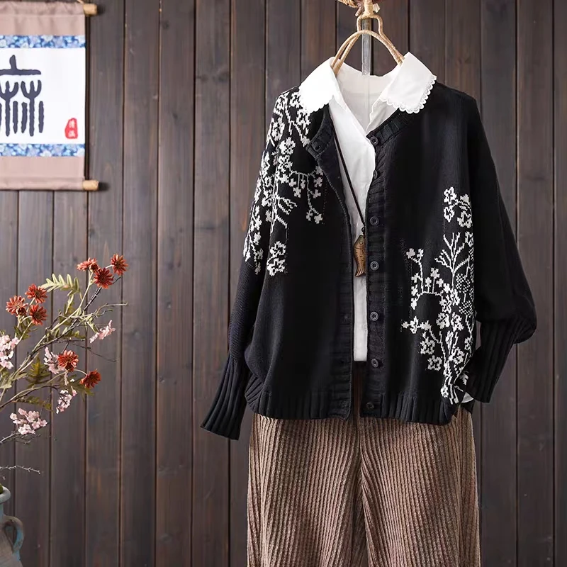 

Корейский ретро осенне-зимний однотонный свитер с длинными рукавами и цветочной вышивкой для женщин, однобортный тонкий короткий вязаный топ, тренд