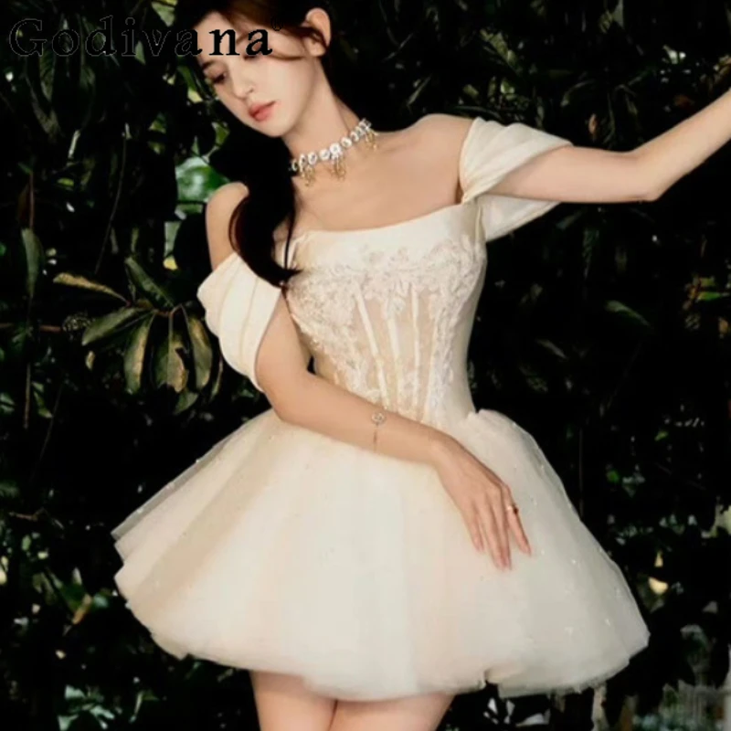 

Spring Summer White Temperament Slash Neck French Fairy Wedding Dress Sweet Girl High Waist A-line Korean Party Princess Dresses