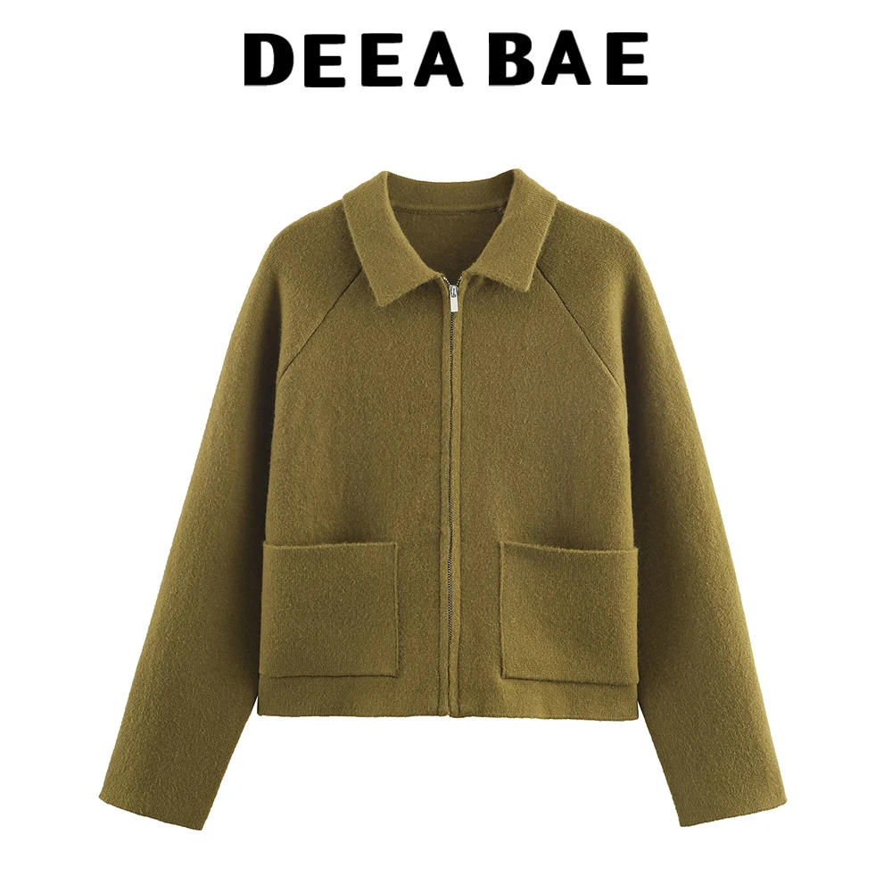 

DEEABAE Winter new women's clothing European and American style flip collar long sleeved zipper knitted jacket