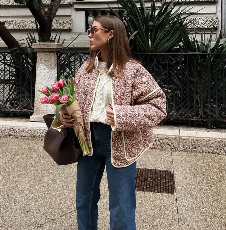 

Retro floral jacket Fashion Pocket Spliced Single Breast Lapel Casual Winter Women's Jacket 2025 New Cotton Clothes and Jackets