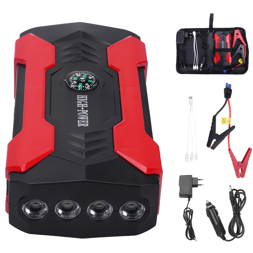 Démarreur de voiture 28000 mAh avec écran LCD numérique clair, 12 V, protection de sécurité intelligente complète, connexion anti-inversion, double USB, charge rapide, lumière d'urgence LED, booster de secours routier portable