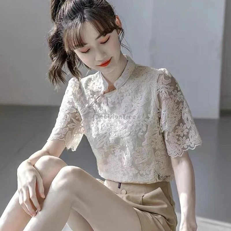 2024 summer new short sleeved lace top improved chinese style retro embroidery qipao top fashion design sense versatile blouse