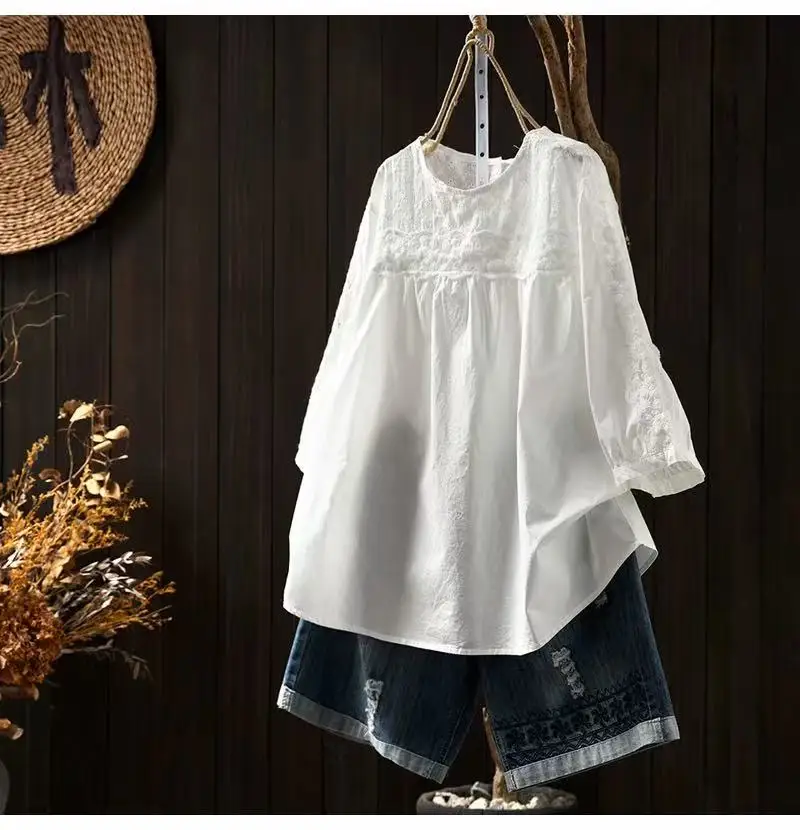 2026 Women\'s 100% Cotton White Lace Embroidered Blouse, 3/4 Sleeve Loose Fit Top, Bohemian Babydoll Shirt