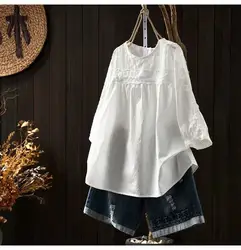 2026 Women's 100% Cotton White Lace Embroidered Blouse, 3/4 Sleeve Loose Fit Top, Bohemian Babydoll Shirt