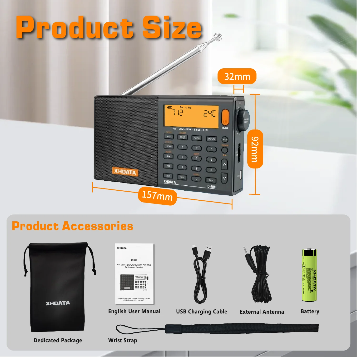 XHDATA D-808 Rádio Portátil AM/FM/SW/MW/LW SSB AIR RDS Alto-falante de rádio com display LCD Despertador Rádio Estéreo D808