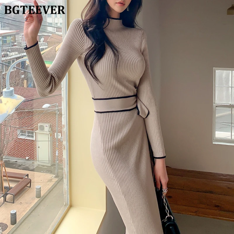 BGTEEVER Elegant Half High Collar Ladies Knitted Skinny Package Hip Dress Long Sleeve Lace-up Slim Women Bodycon Sweater Dress