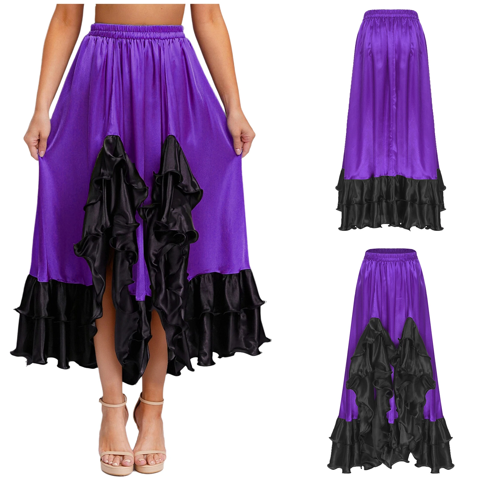 

Womens Vibrant Spanish Dance Skirt with Contrast Color Design And Elastic Waist for Salsa Dancing And Professional Performances