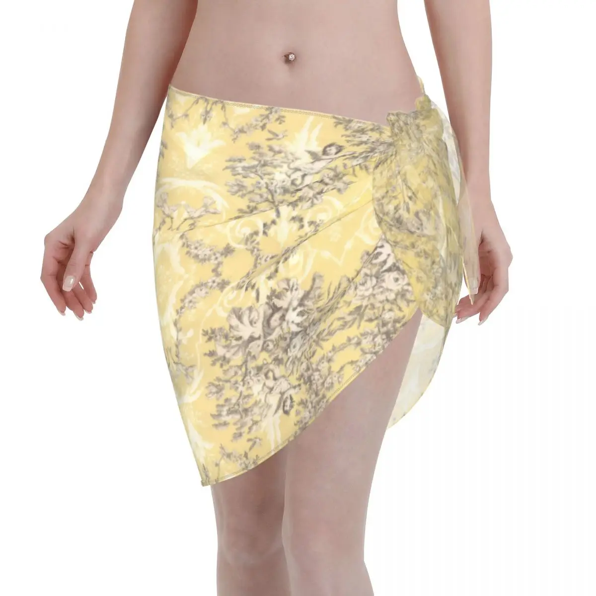 

Женские короткие саронги Toile De Jouy с золотым цветком, пляжная накидка для путешествий, отпуска, пляжные бикини, накидка для купальника