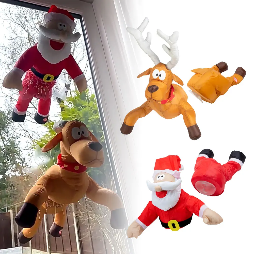 

3D анимированный Crashing Санта-Рождественское украшение для окна, Рождественский Новый год, домашний декор для вечеринки, ткань, яркий подарок Санта-Клауса/оленя