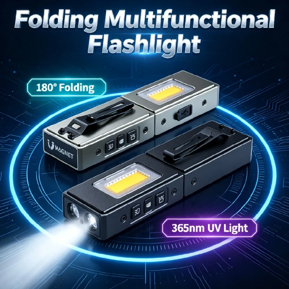 Folding EDC Multifunctional Flashlight with 365nm UV RGB Ambient Light for Outdoor Camping Household Inspection Emergency