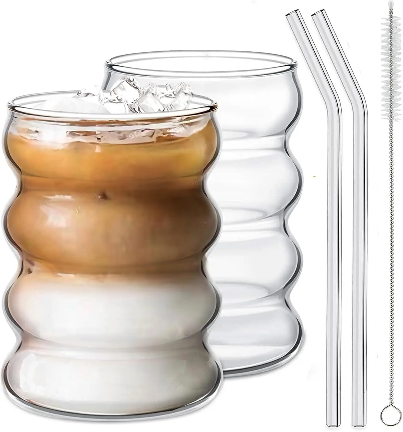 2-teiliges Glasbecher-Set, Trinkgläser mit Strohhalm, kreative Kaffeetasse für Cocktails, Bier, Wasser, Soda, Tee – mit Reinigungsbürste