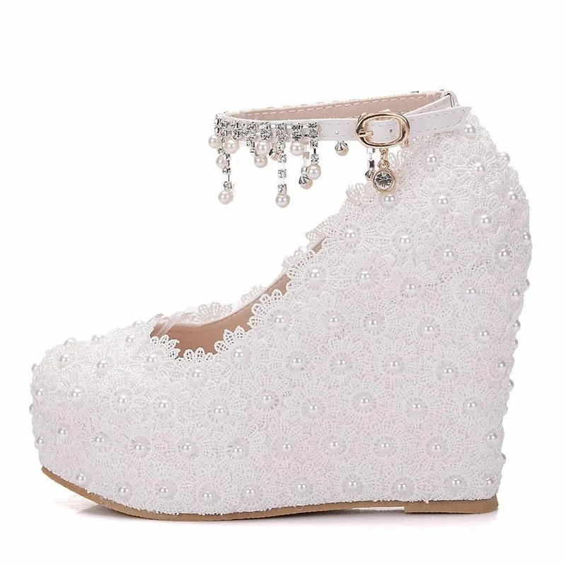 White Wedges Wedding Pumps Sweet White Flower Lace Pearl Crystal Platform Pump Classic Bride Dress High Heeled Ladies Shoes