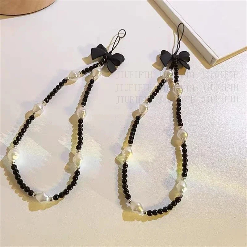 Retro bowknot Pearl phone charm strap flower bead pendant Korean bracelet for iPhone Samsung accessories hanging rope for girl