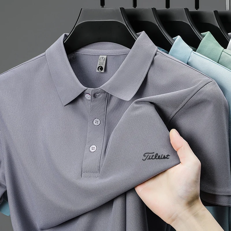 Business Casual Herren Neues Kurzarm-Poloshirt mit Kragen und Knöpfen, Einfarbig mit Schriftzug, Bequemes Atmungsaktives Herren-T-Shirt – Detail 34