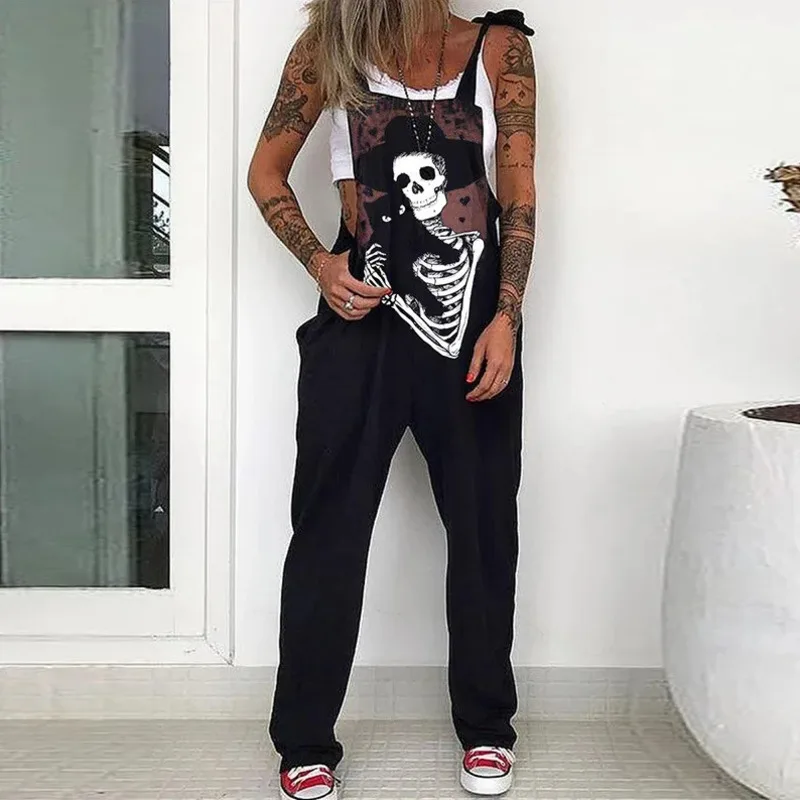 Skull Print Jumpsuit Halloween European American PUNK Y2K Women Pocket Rose Casual Lace Up Strapless Loose Jumpsuit Pants New