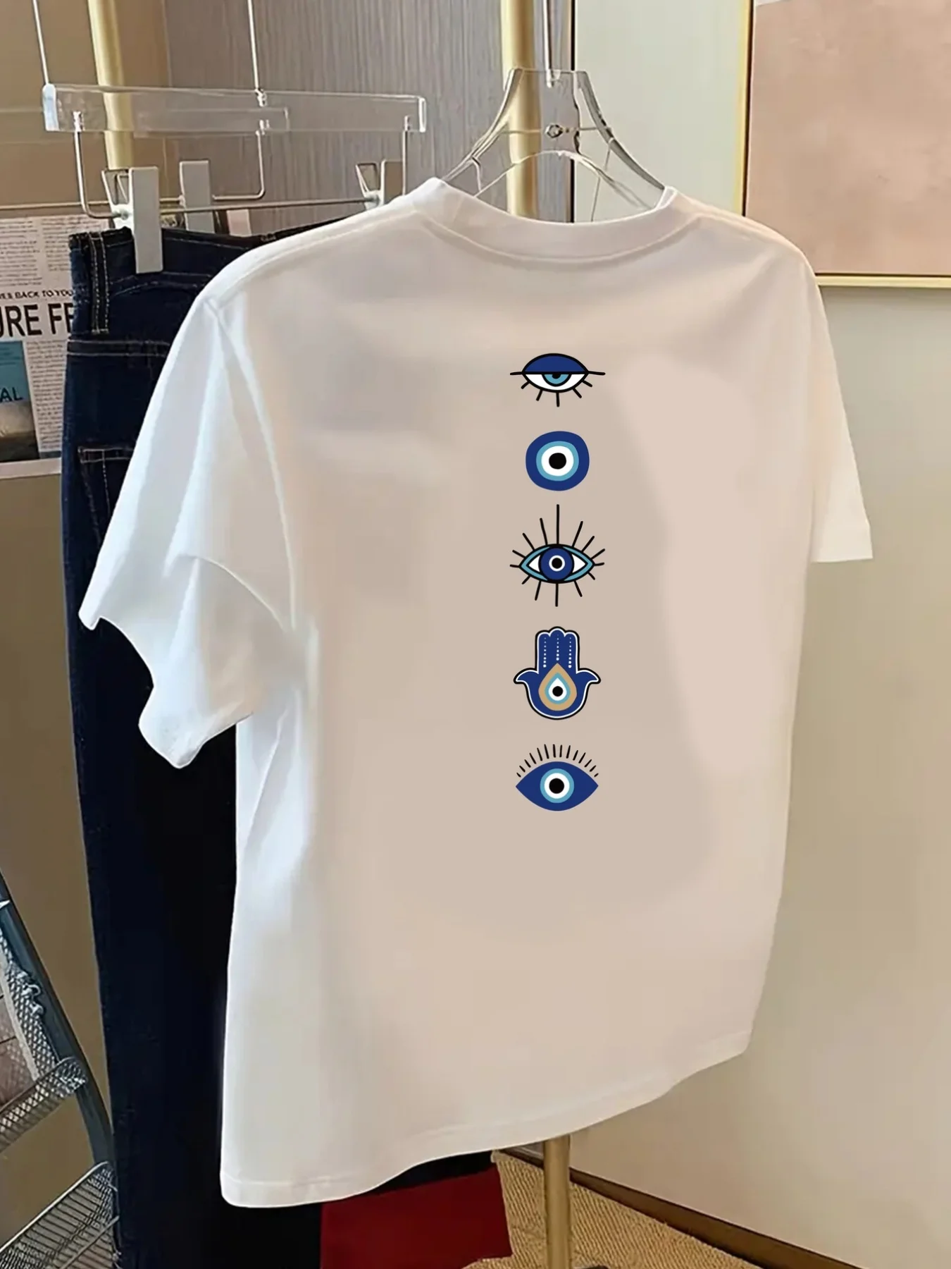 Evil Eye Hamsa Hand Prints Cotton T-Shirts Summer Womens O-Neck Oversized T Shirts Basic Short Sleeve Tops Casual Womans Clothes