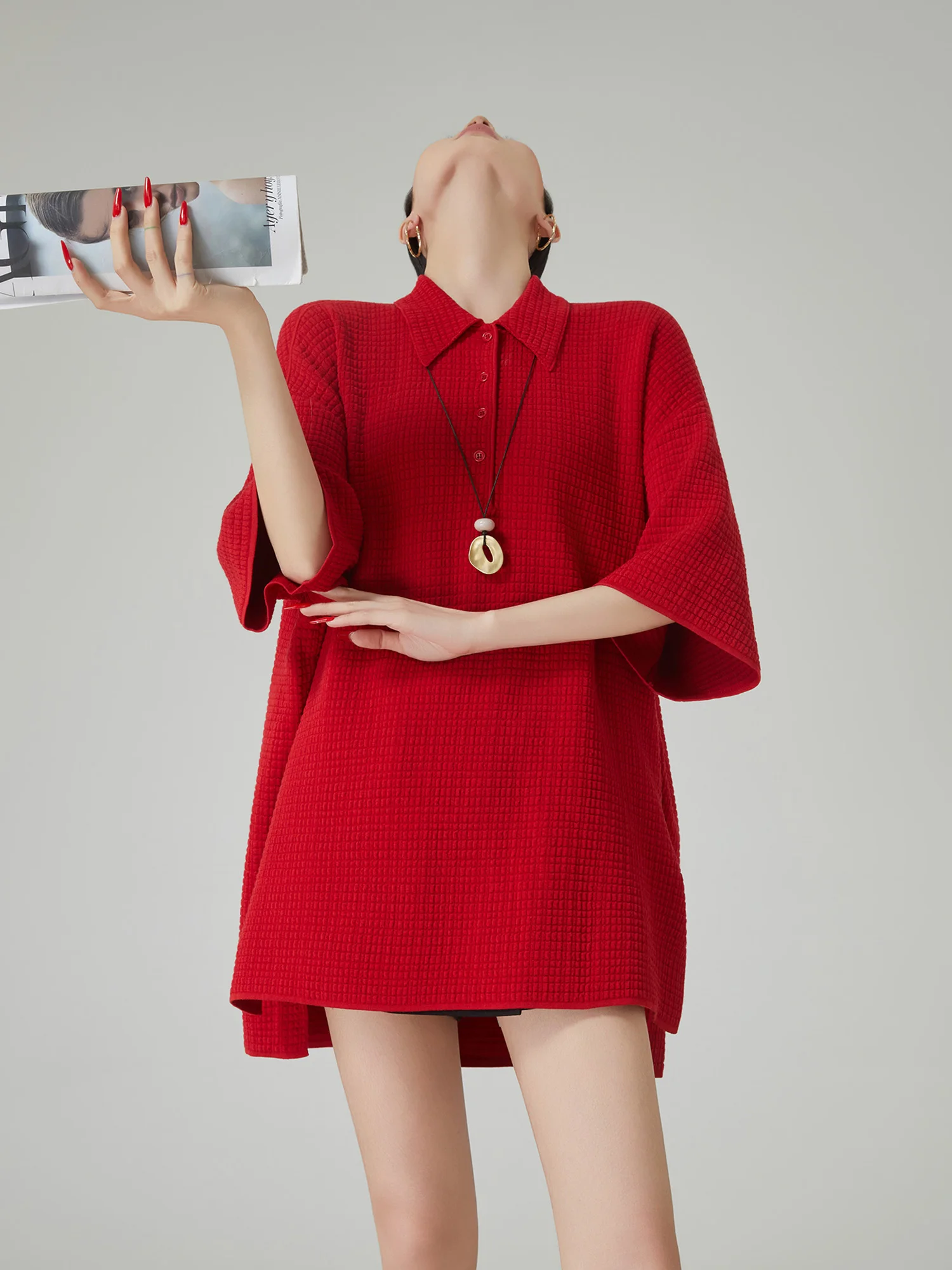 

Красный вязаный свободный пуловер с коротким рукавом, женская футболка, новинка весна-лето, повседневная, удобная, стройнящая, базовый слой