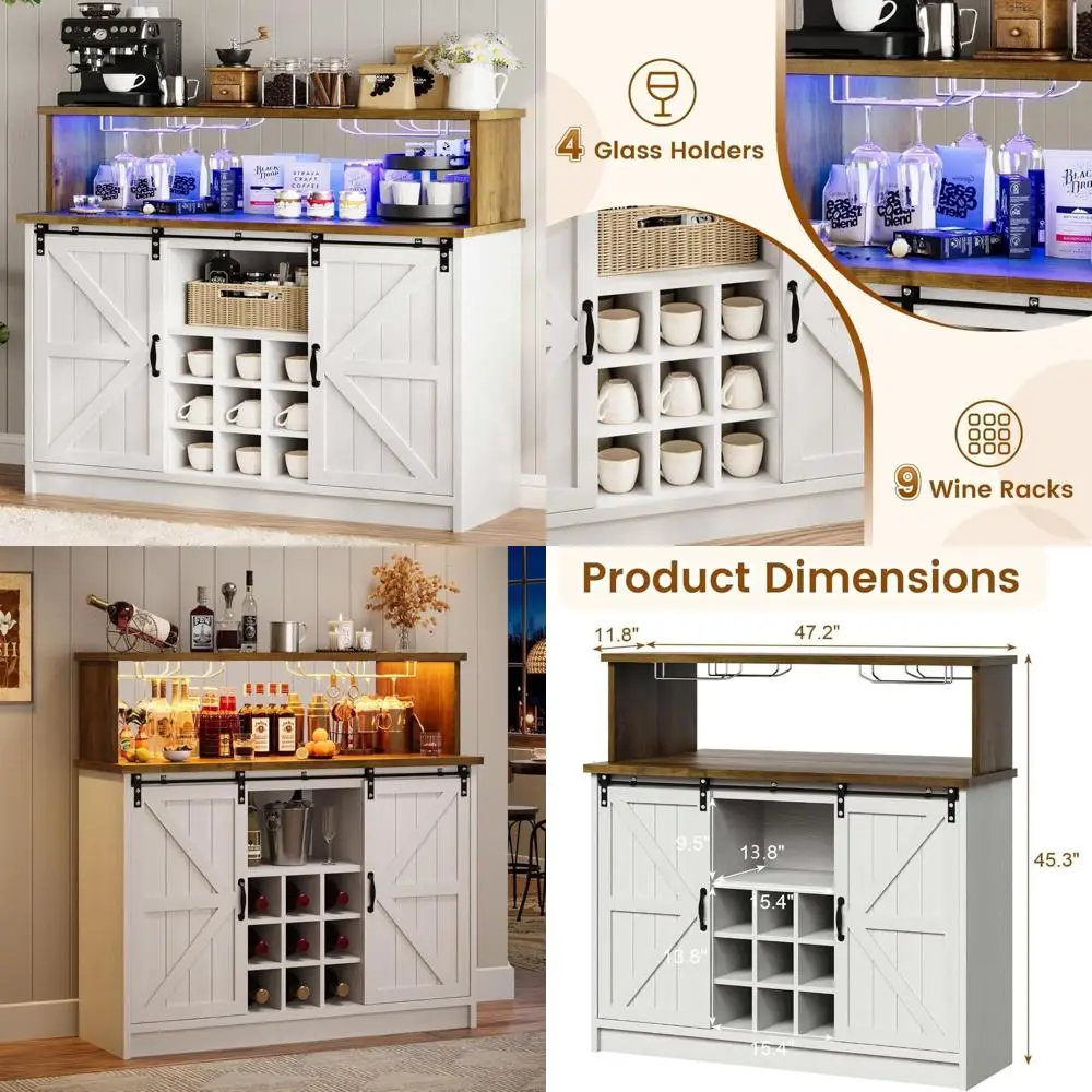 

47-дюймовый фермерский шкаф для кофе и винного бара со светодиодной подсветкой и местом для хранения очков