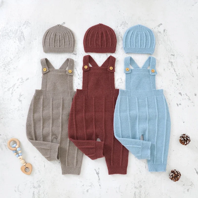 Boys Girls Sleeveless Jumpsuits Caps Outfit 0-18m Newborn Baby Rompers Hats Clothes Autumn Solid Knitted Toddler Infant Playsuit