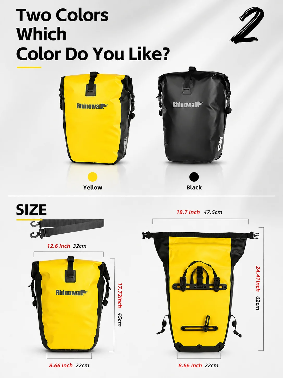 Rhinowalk Waterproof Bike Pannier Bag 25L Bicycle Rear Rack Quick Release Roll Top Touring Travel Commuter Shoulder Storage Bag